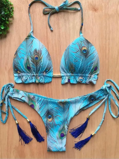 RUOTONGSEPT Micro Bikini Mujer 2025 | Estampado Plumas Bandage Brasileño