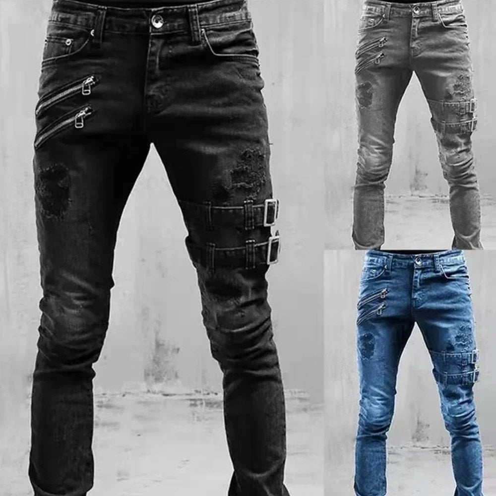 Jeans Biker Slim Fit para Hombre – Pantalones Rotos de Denim Negro con Cremallera, Stretch y Estilo Hip Hop Oversize