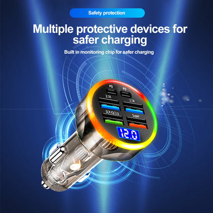 250W Fast Car Charger 6 Ports Quick Charge PD Type C USB A Adapter Transparent Case for iPhone 15 16 Pro Samsung S24 Xiaomi Poco