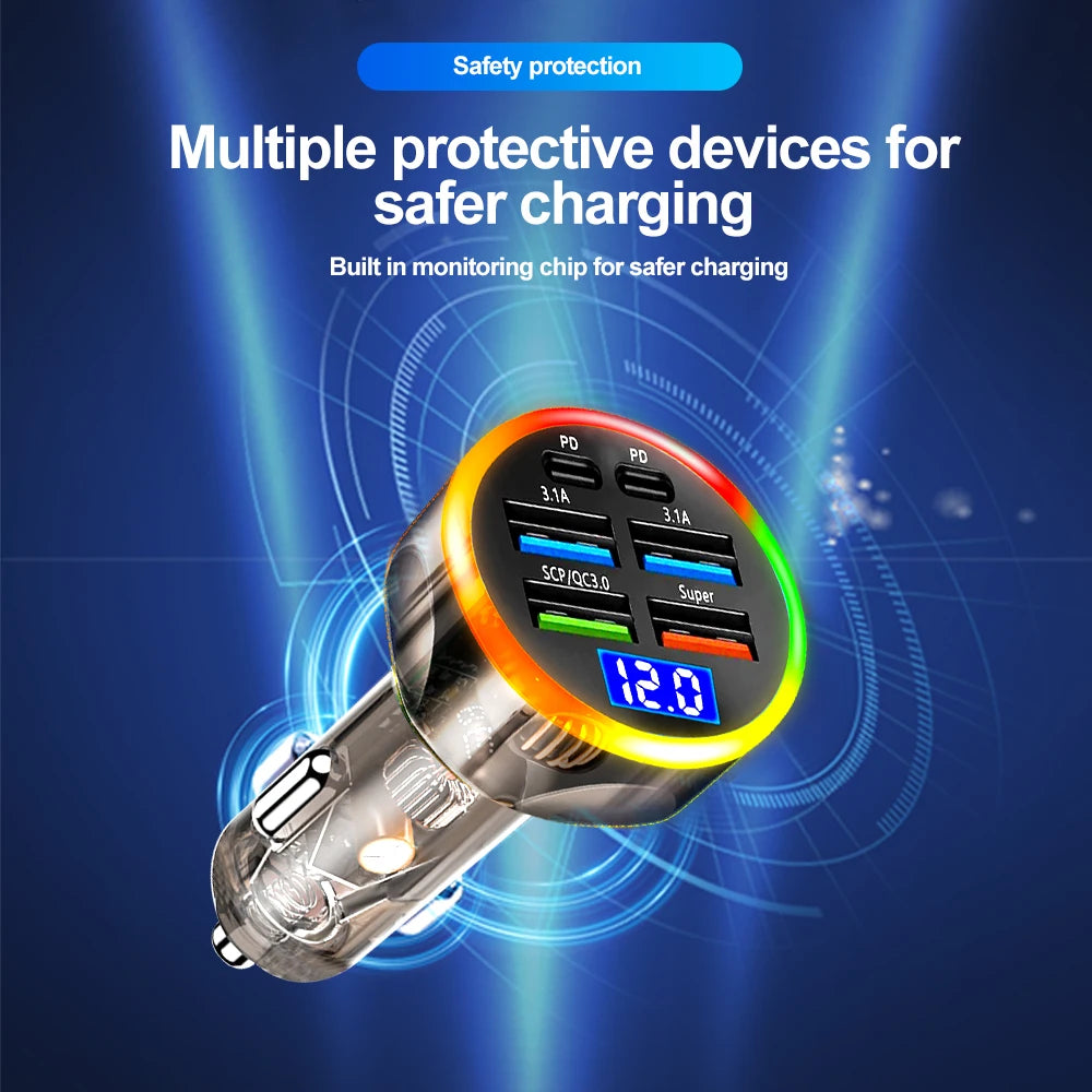 250W Fast Car Charger 6 Ports Quick Charge PD Type C USB A Adapter Transparent Case for iPhone 15 16 Pro Samsung S24 Xiaomi Poco