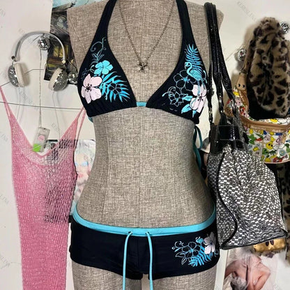 Bikini Vintage Y2K Mujer | 2 Piezas Estampado Flores Halter Playa