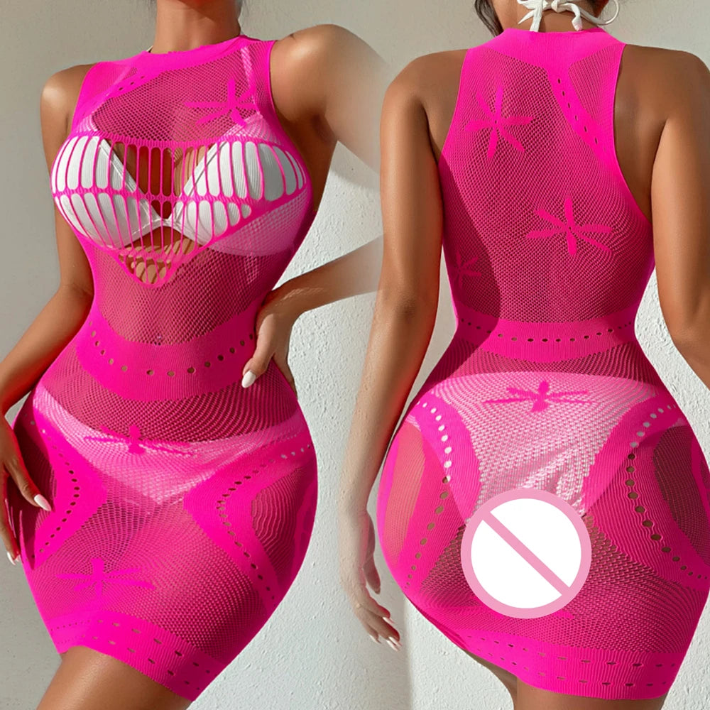Vestido Mini Mujer 2025 | Lencería Sexy de Malla Transparente y Hollow Out