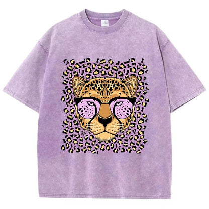 Camiseta Oversize Mujer Vintage | Algodón Lavado Ácido Estampado Leopardo Caricaturas