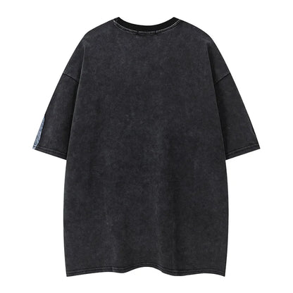Camiseta Oversize Hombre Hi Street | T-Shirt Estampada con Parches Denim Hip Hop Streetwear 2025