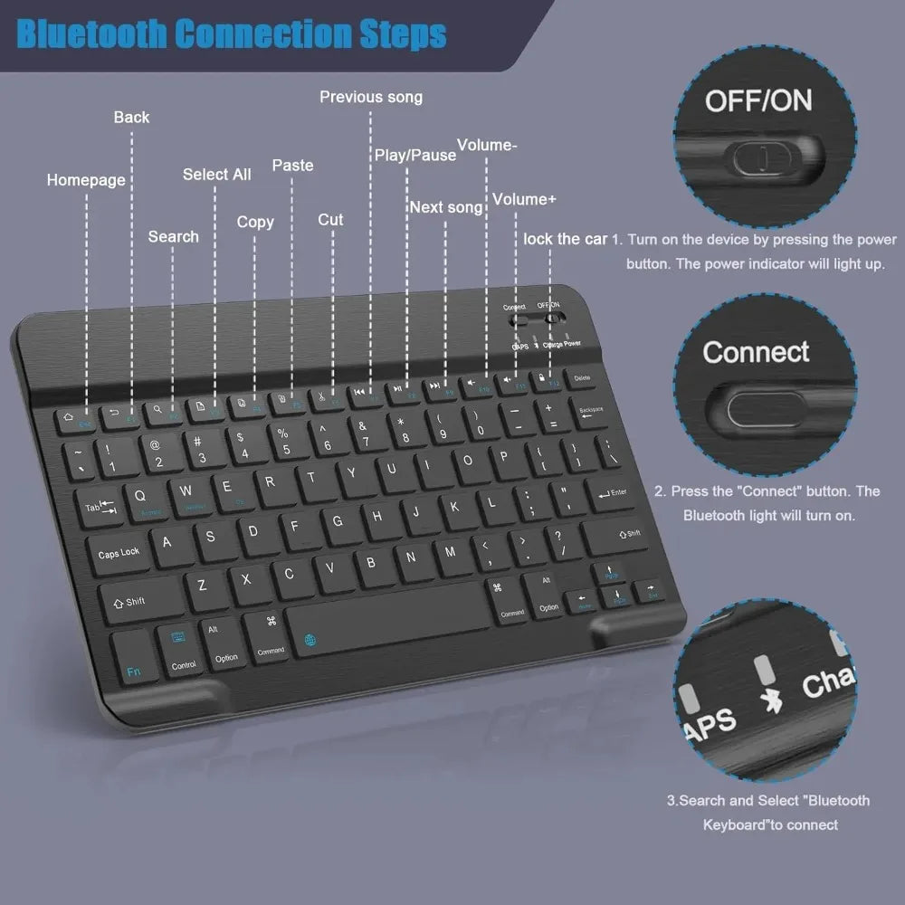 Teclado Bluetooth Universal para iPad, Samsung, Xiaomi y Tablets – Teclado Inalámbrico Portátil 7/10” con Batería Recargable