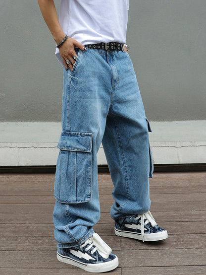 Jeans Cargo Baggy Hombre Azul Claro | Pantalón Vaquero Ancho Multibolsillos Streetwear Vintage