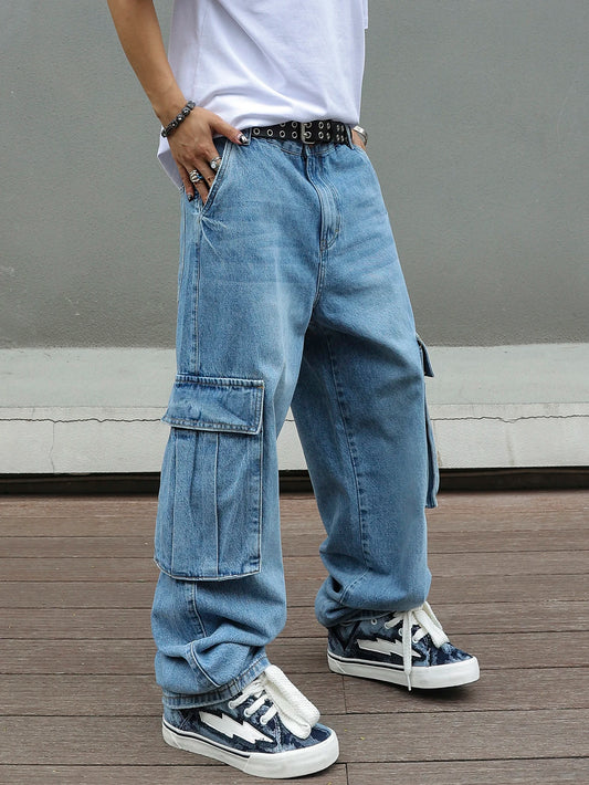 Jeans Cargo Baggy Hombre Azul Claro | Pantalón Vaquero Ancho Multibolsillos Streetwear Vintage