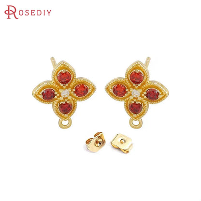 4PCS Aretes Flor Color Oro con Zirconia | Accesorios DIY Bisutería