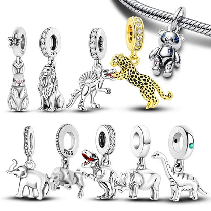 Charm de Plata 925 Animales – Dinosaurio, León, Lobo, Tigre, Conejo | Compatible con Pulsera Pandora