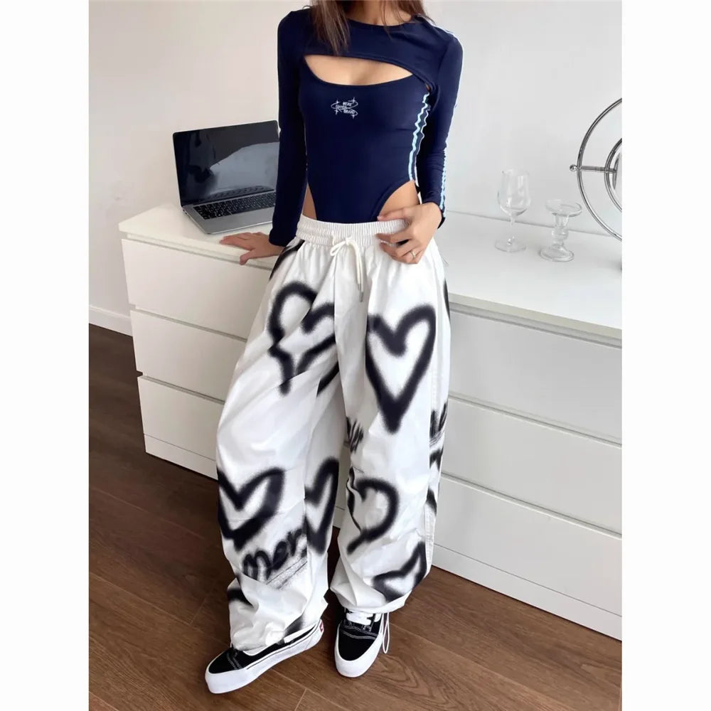 Pantalones Anchos Love Graffiti Mujer | Jogger Y2K Cintura Alta Elástica Streetwear Coreano