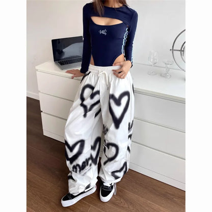 Pantalones Anchos Love Graffiti Mujer | Jogger Y2K Cintura Alta Elástica Streetwear Coreano