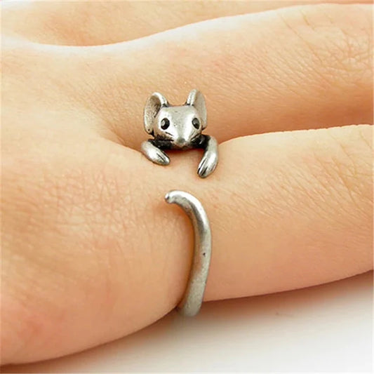 Anillo Vintage Ratón para Mujer – Joyería Animal Gótica Color Plata Antiguo, Ajustable y Original