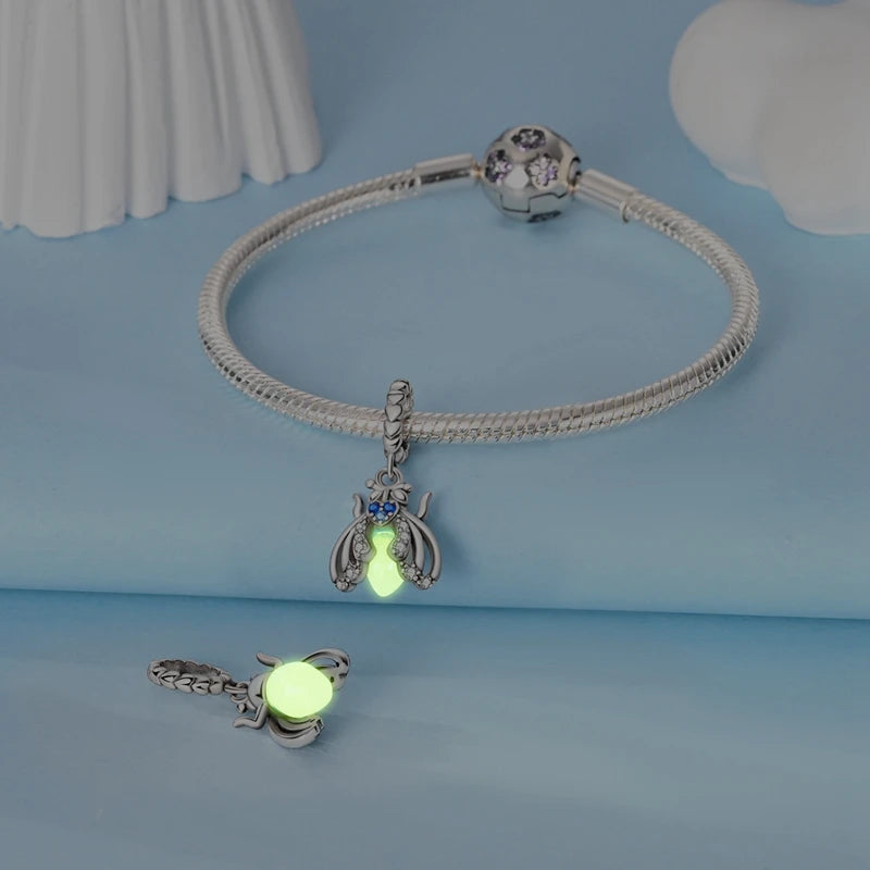 100% 925 Sterling Silver Creative Blue Luminous Firefly Charms Pendants Fit Qikaola 925 Original Bracelets DIY Birthday Jewelry