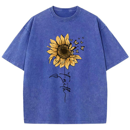 Camiseta Oversize Mujer Vintage Negra | Algodón Lavado Estampado Girasol y Mariposa