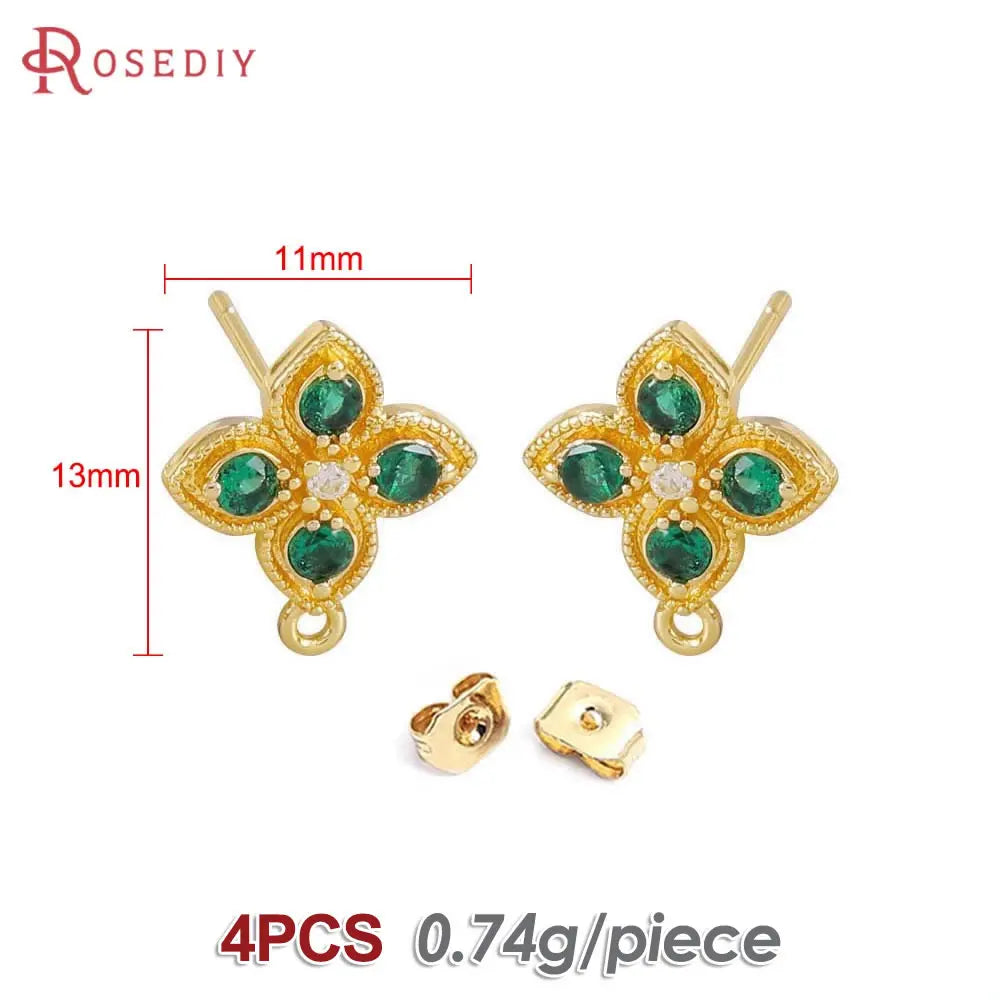 4PCS Aretes Flor Color Oro con Zirconia | Accesorios DIY Bisutería