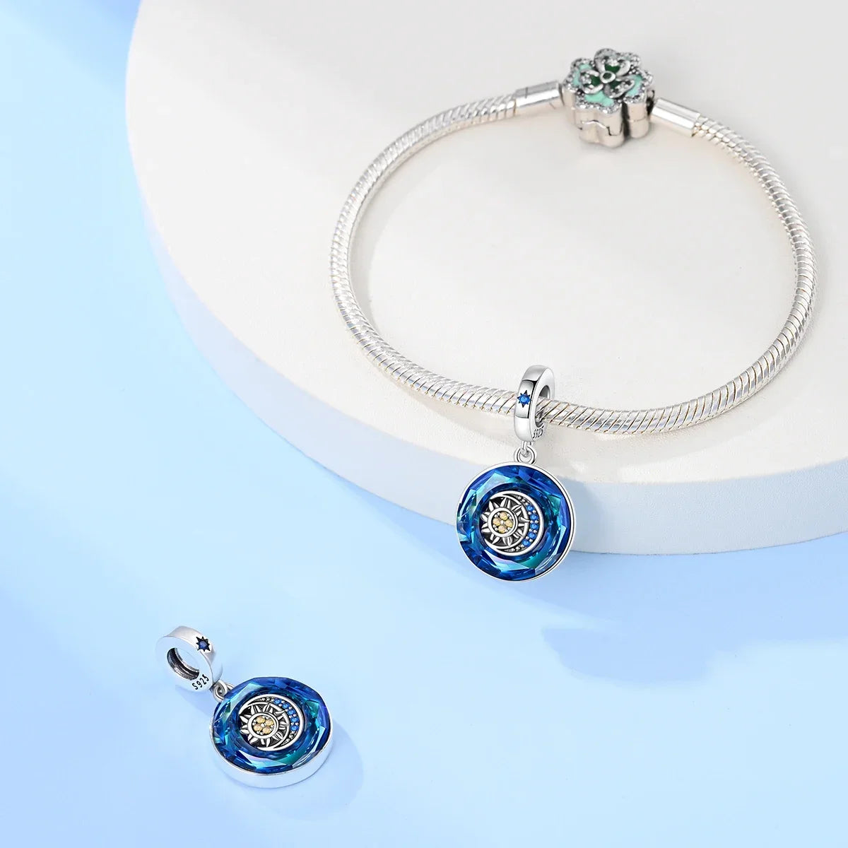 Charm Astrolabio Sol Luna Estrella Azul en Plata 925 – Beads Compatibles Pandora Mujer Joyería DIY