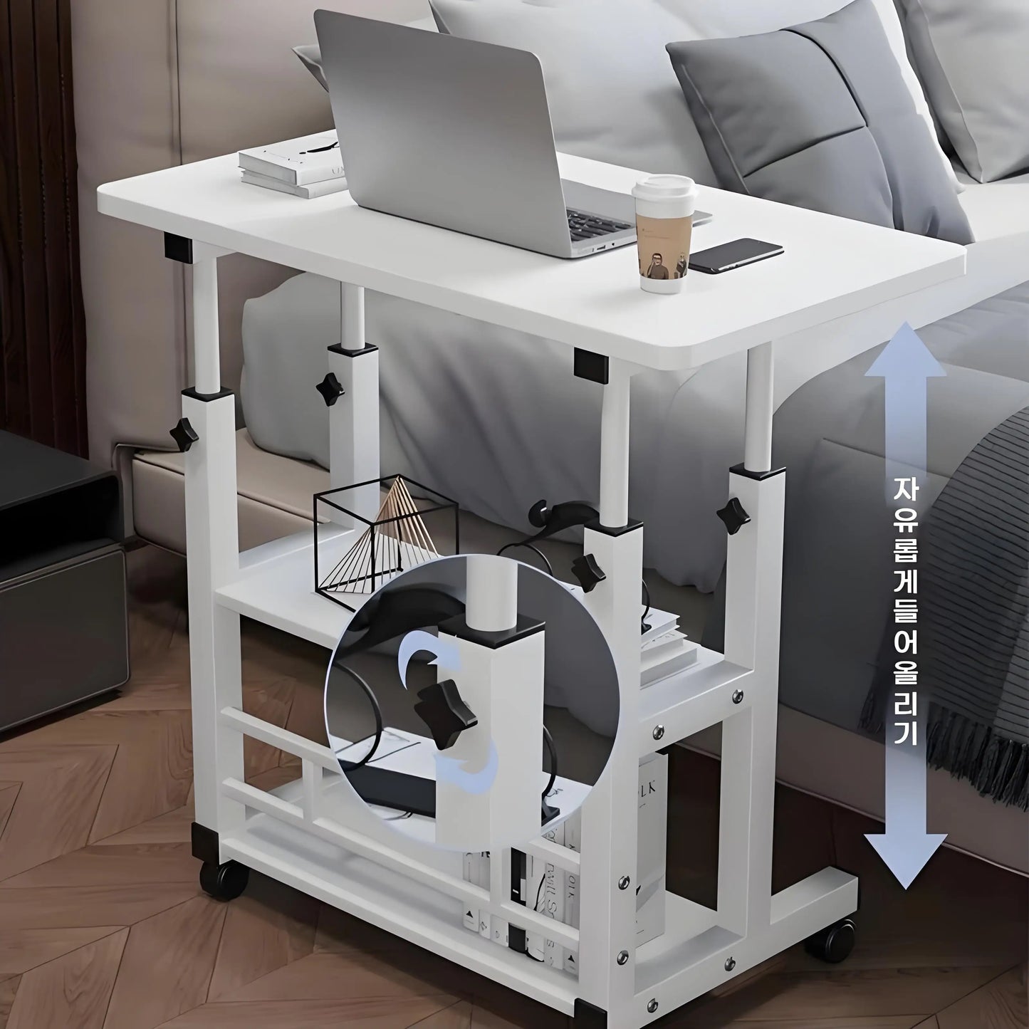 Mesa Auxiliar Doble Capa con Ruedas – Escritorio Portátil de Cama con Estante de Almacenamiento para Laptop y Dormitorio