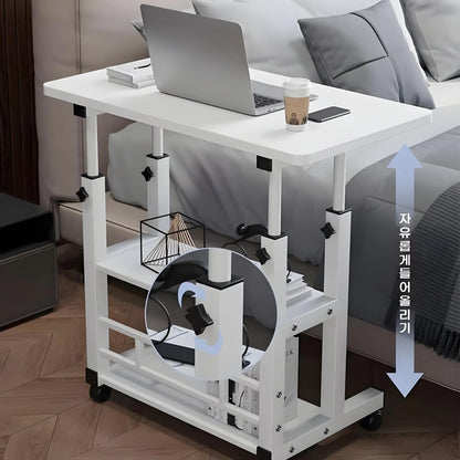 Mesa Auxiliar Doble Capa con Ruedas – Escritorio Portátil de Cama con Estante de Almacenamiento para Laptop y Dormitorio