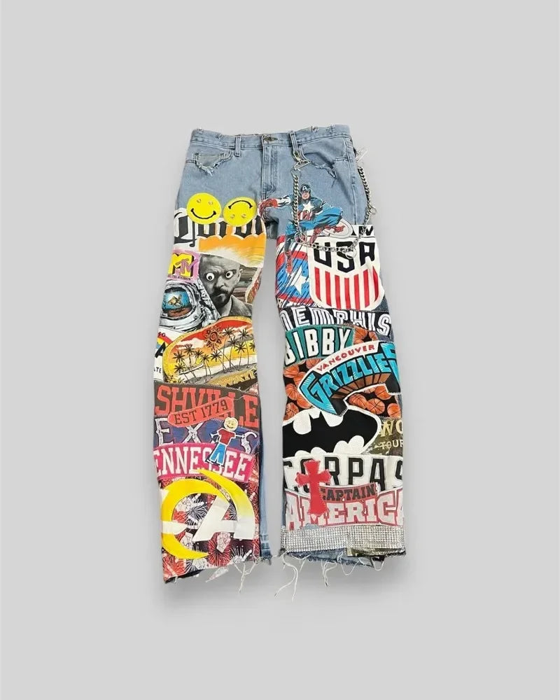 Jeans Hip Hop Talle Alto con Estampado de Caricaturas – Pantalones Y2K Oversize Pierna Ancha Unisex Estilo Rock Streetwear