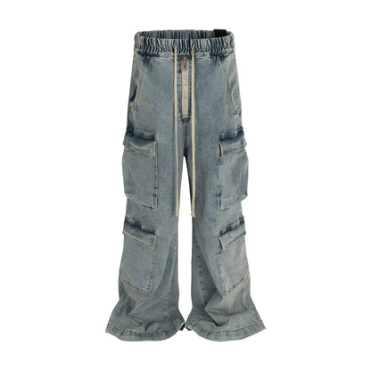Jeans Cargo Oversize Multibolsillos Unisex | Pantalones Vaqueros Baggy Streetwear Wide Leg con Cintas