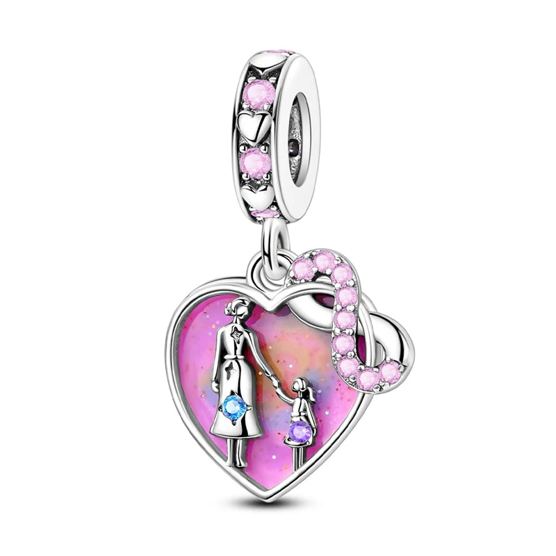 Charm Plata 925 Día de la Madre | Dije Corazón Rosa Love Mom Compatible Pandora Pulsera Collar Mujer