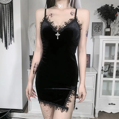 Vestido Negro Gótico Mujer | Mini Dress Vintage Sexy con Tirantes y Abertura Lateral