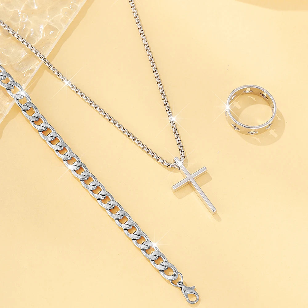 Set de Joyería para Hombre 3 Piezas – Collar con Cruz, Pulsera y Anillo en Acero Inoxidable Estilo Hip Hop