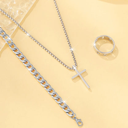 Set de Joyería para Hombre 3 Piezas – Collar con Cruz, Pulsera y Anillo en Acero Inoxidable Estilo Hip Hop