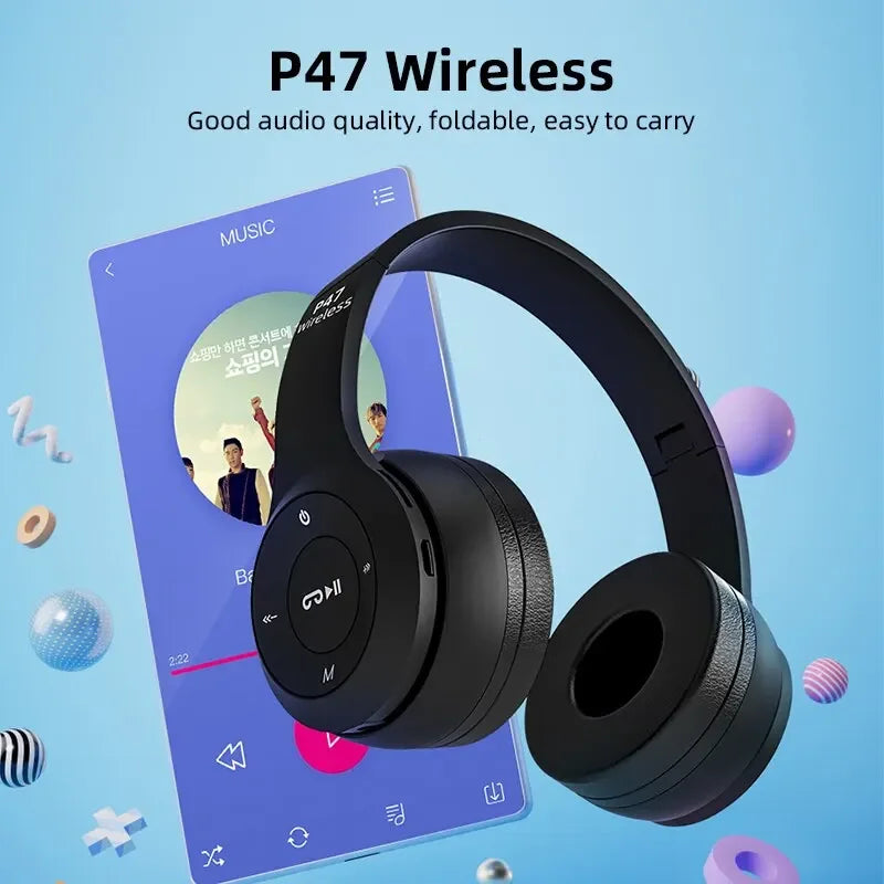 Auriculares P47 Bluetooth 5.0 – Diadema Plegable Inalámbrica con Micrófono, Compatibles iPhone/Android, Diseño Deportivo