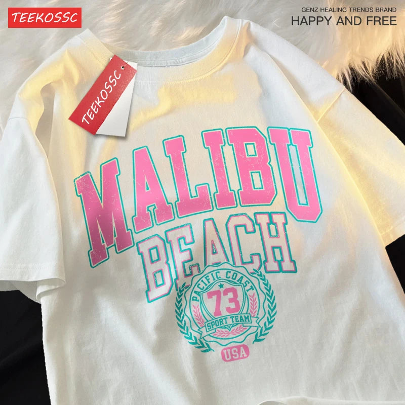 Camiseta Oversize Malibu Beach – T-shirt Casual Unisex con Estampado de Letras, Algodón, Cuello Redondo