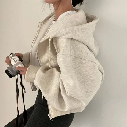 Hoodie Crop Top Oversize Mujer Y2K | Sudadera Zip Up Harajuku Casual con Cremallera