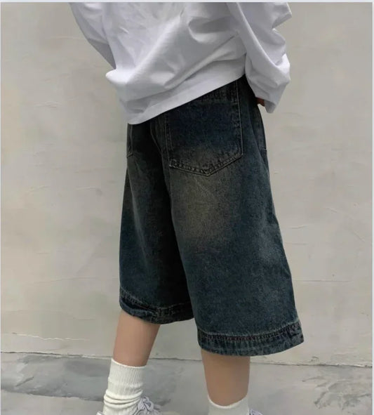 Shorts Vaqueros Vintage Y2K – Pantalones Baggy Capri Oversize Unisex Denim Lavado Pierna Ancha Casual