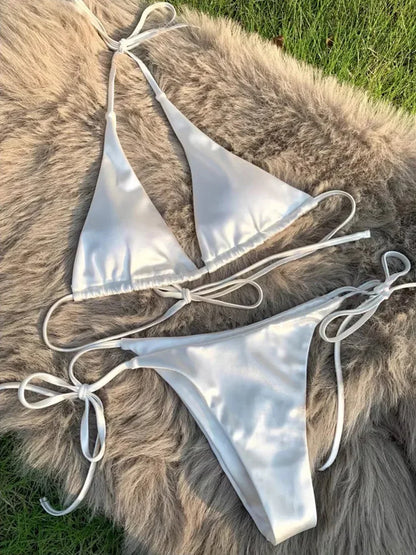 Bikini Brasileño Halter Mujer | Satinado Metálico Push Up 2 Piezas