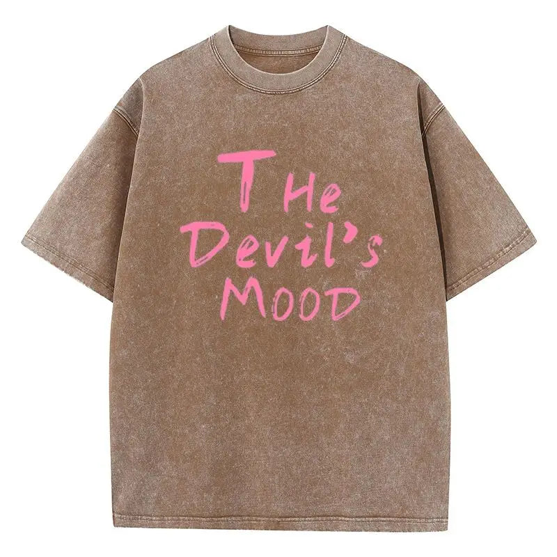 Camiseta Oversize Mujer Algodón Lavado | Estampado Letras The Devil’s Moon Casual Streetwear