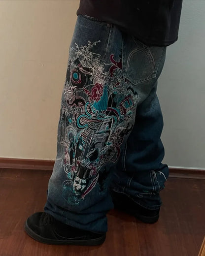 Jeans Retro Harajuku Talle Alto con Bordados – Pantalones Oversize Unisex Estilo Y2K Hip Hop Americano Street Rock Casual