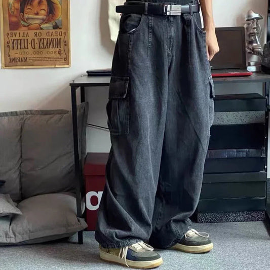 Jeans Baggy Oversize para Hombre – Pantalones Cargo Negros Coreanos Pierna Ancha Streetwear Hip Hop Harajuku