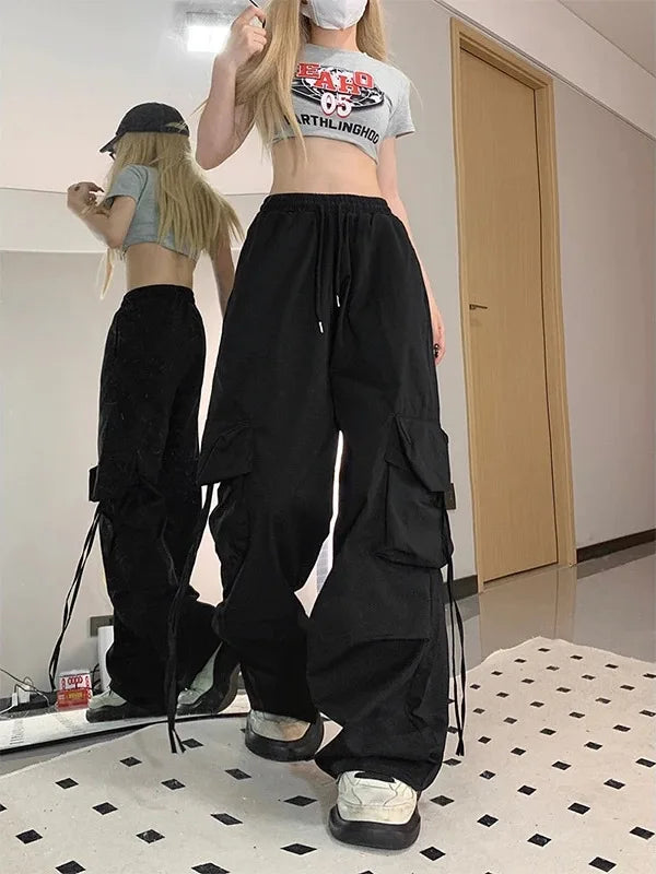 Pantalones Cargo Vintage Mujer | Sweatpants Oversize Cintura Elástica Pierna Ancha Streetwear