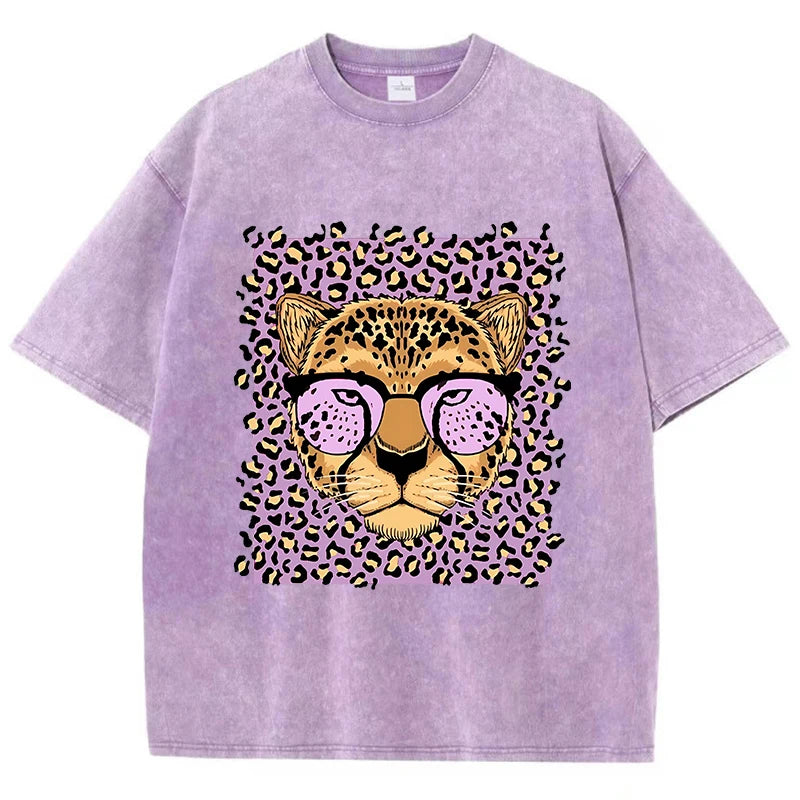 Camiseta Oversize Mujer Vintage | Algodón Lavado Ácido Estampado Leopardo Caricaturas