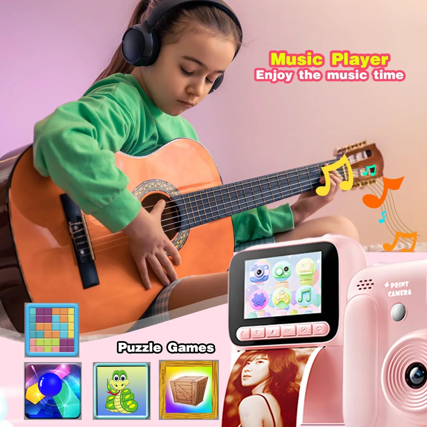 Cámara instantánea infantil a color – Cámara de fotos y video 1080P con impresión térmica, juegos y memoria 32GB para niños