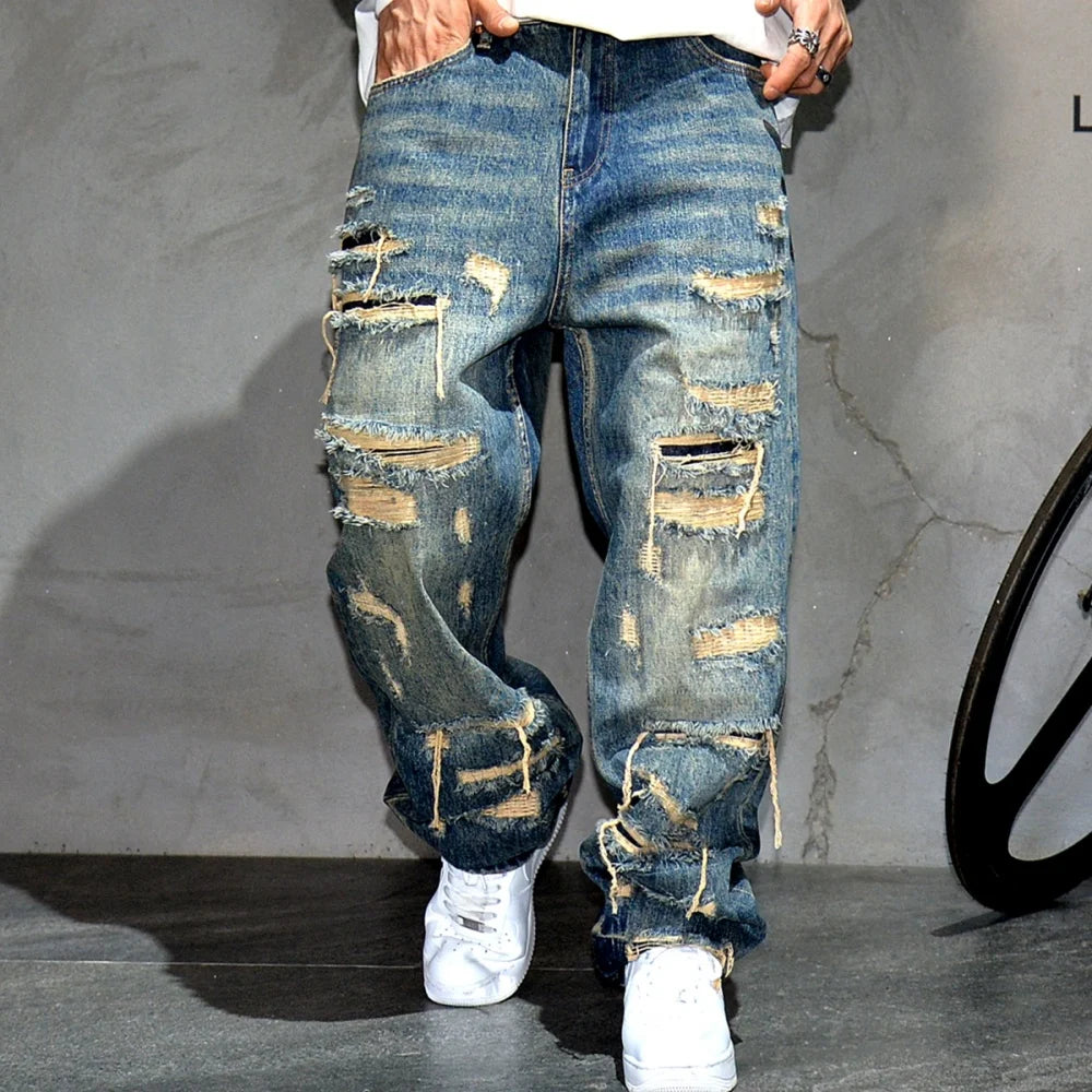 Jeans Rotos Baggy para Hombre – Pantalones Denim Distressed Streetwear Skateboard Oversize Pierna Recta con Patchwork