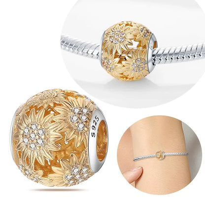 Charm Corazón con Girasoles Dorados en Plata 925 | Beads para Pulsera Original Pandora