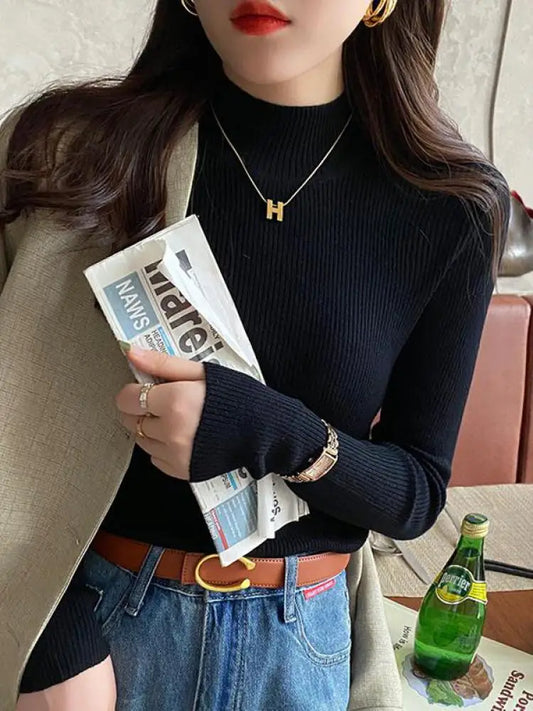 Suéter Cuello Alto Mujer Invierno Otoño | Suéter Básico Tejido Coreano Casual Ajustado