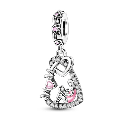 Charm Plata 925 Día de la Madre | Dije Corazón Rosa Love Mom Compatible Pandora Pulsera Collar Mujer