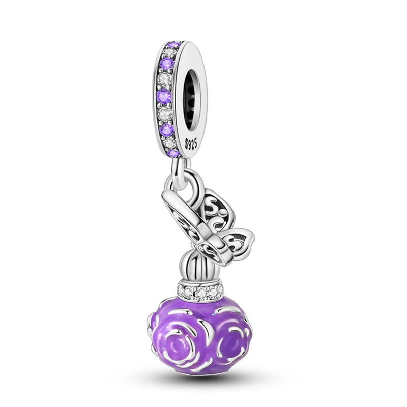 S925 Silver Color Butterfly Daisy Rose Crown Perfume Charms Beads Fit Pan Original Bracelets DIY Fine Jewelry Making Gifts