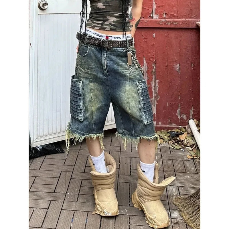 Pantalón Cropped Oversize Mujer | Jeans Rectos Retro Americanos con Bolsillos Grandes