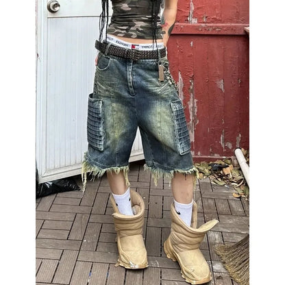 Pantalón Cropped Oversize Mujer | Jeans Rectos Retro Americanos con Bolsillos Grandes