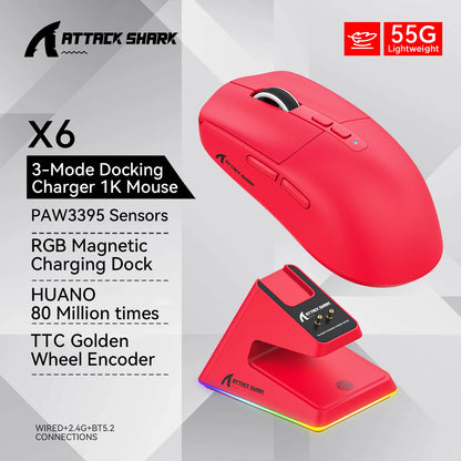 Attack Shark X6 Gaming Mouse – PAW3395, Tri-Mode Bluetooth/2.4G/Wired, RGB Base Magnética de Carga
