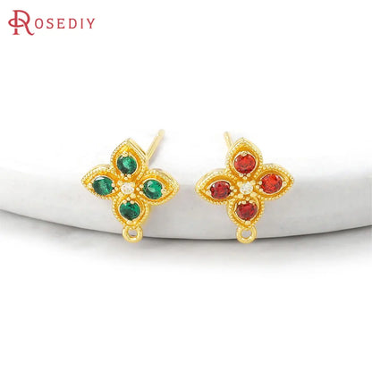 4PCS Aretes Flor Color Oro con Zirconia | Accesorios DIY Bisutería