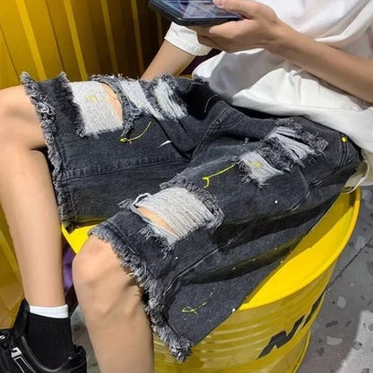 Bermudas Vaqueras Oversize Hombre Talla Grande | Shorts Baggy Holgados con Bolsillos y Roturas Estilo Emo Casual