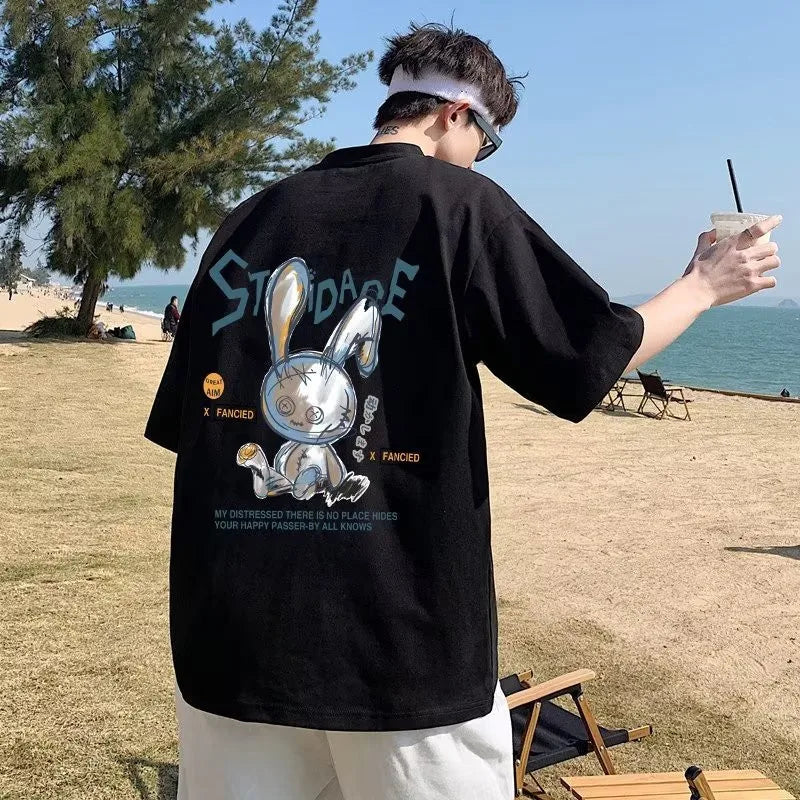 Camiseta Hombre 8XL | Estilo Coreano Oversize | Estampado Conejo Puppet Amor Manga Corta Cuello Redondo